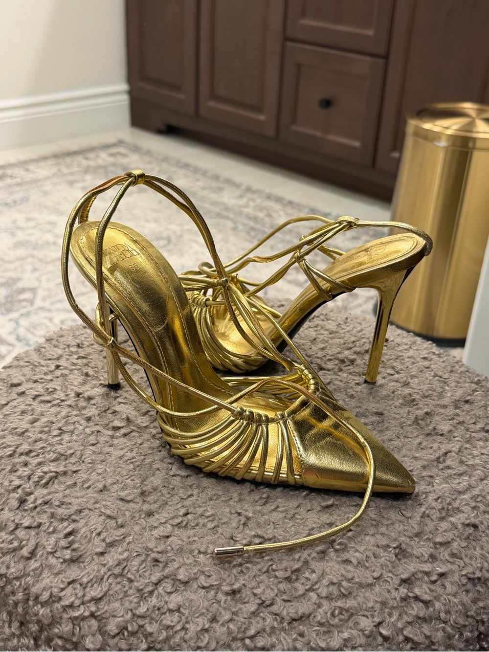 Zara Metallic Gold Lace-Up Pointed Stiletto Heels